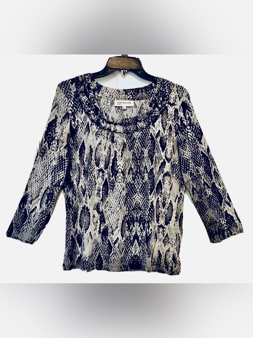 Jones New York Sport Womens L Snakeskin Print Ruched Neck Long Sleeve Boho Top